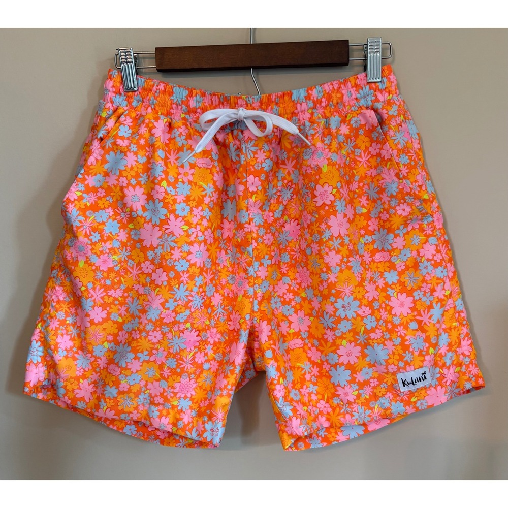 Kulani Kinis Beach Peach Mens Swim Trunks Orange Floral 5 Inch Inseam Small